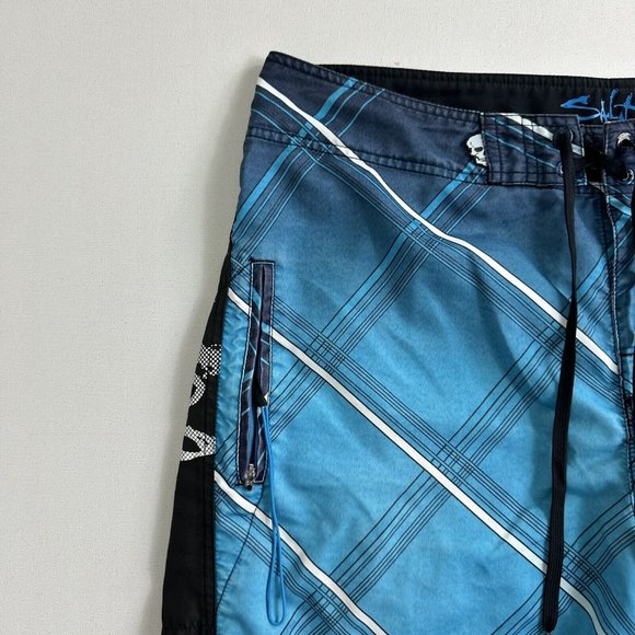 SALT LIFE Board Shorts Mens Size 36 Blue Black Stretch Beach Trunks Zip Pocket - Picture 5 of 8